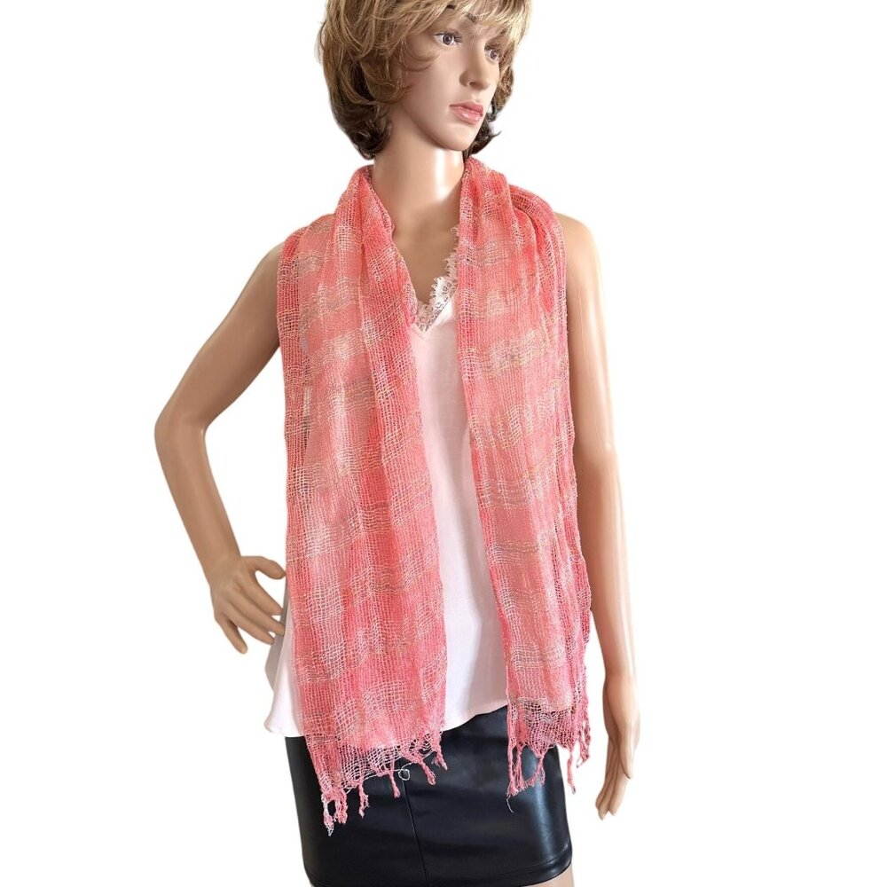 Handwoven Pink Peach Gold Open Weave Scarf With Fringe 64 in L x 15 in W